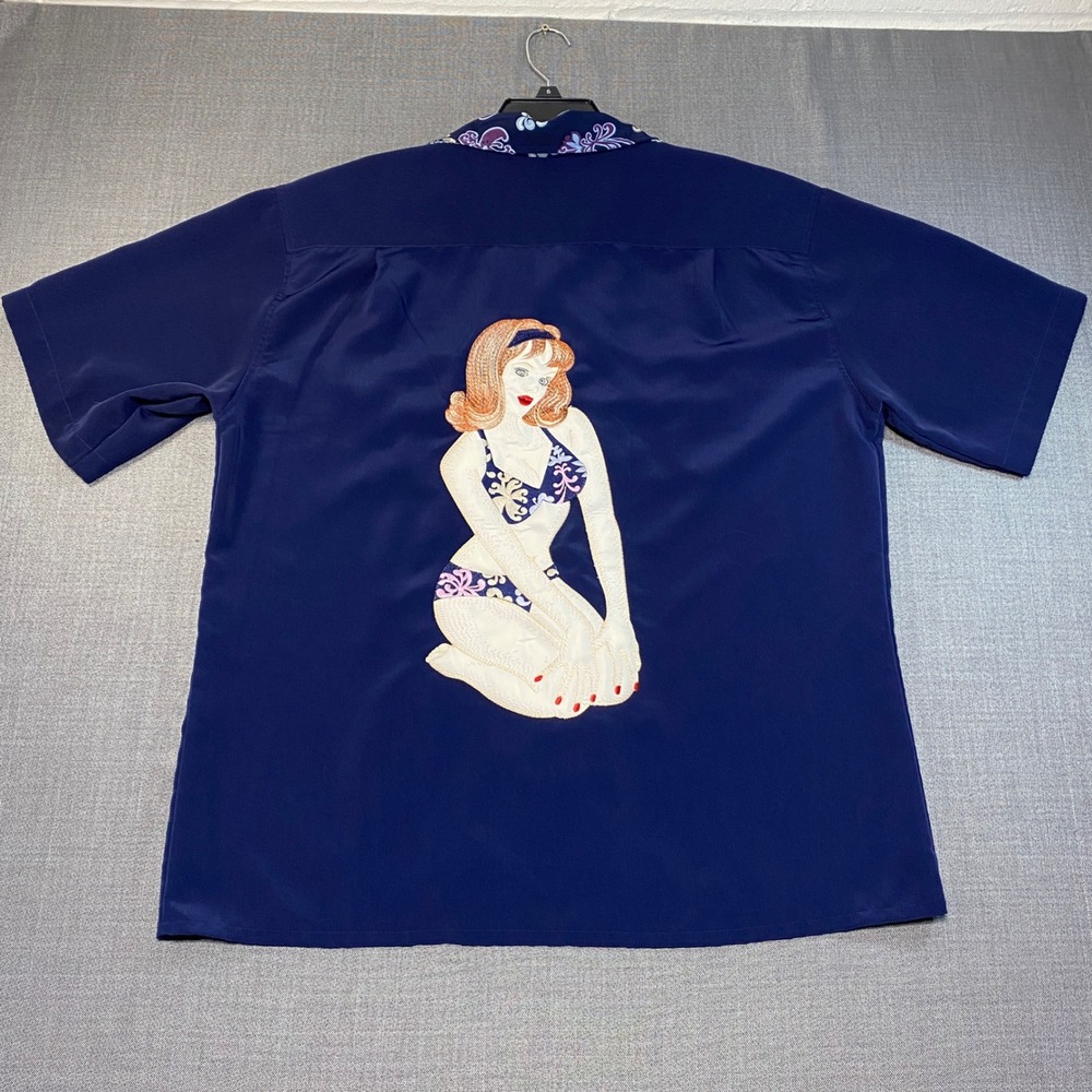 Dragonfly Mens Navy Blue Pin Up Girl Embroidered Bowling Shirt Floral Large - Picture 8 of 9